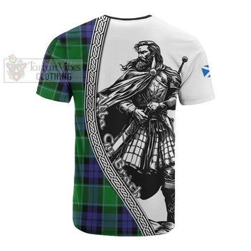 Haldane Tartan Clan Crest Cotton T-shirt with Highlander Warrior Celtic Style