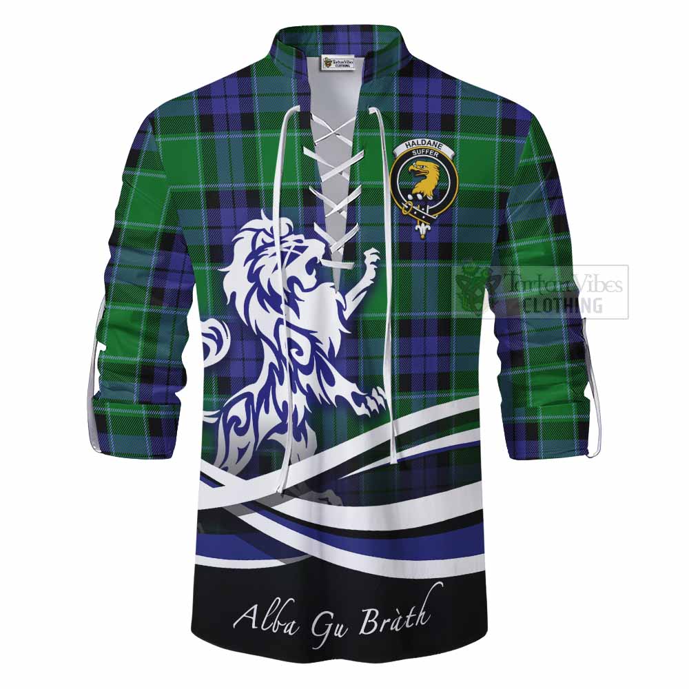 Tartan Vibes Clothing Haldane Tartan Ghillie Kilt Shirt with Alba Gu Brath Regal Lion Emblem