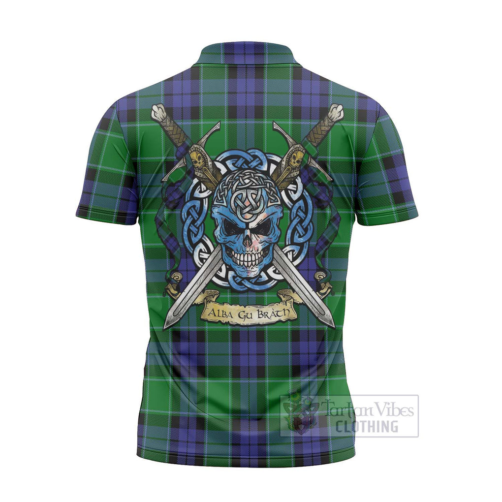 Tartan Vibes Clothing Haldane Tartan Zipper Polo Shirt with Family Crest Celtic Skull Style