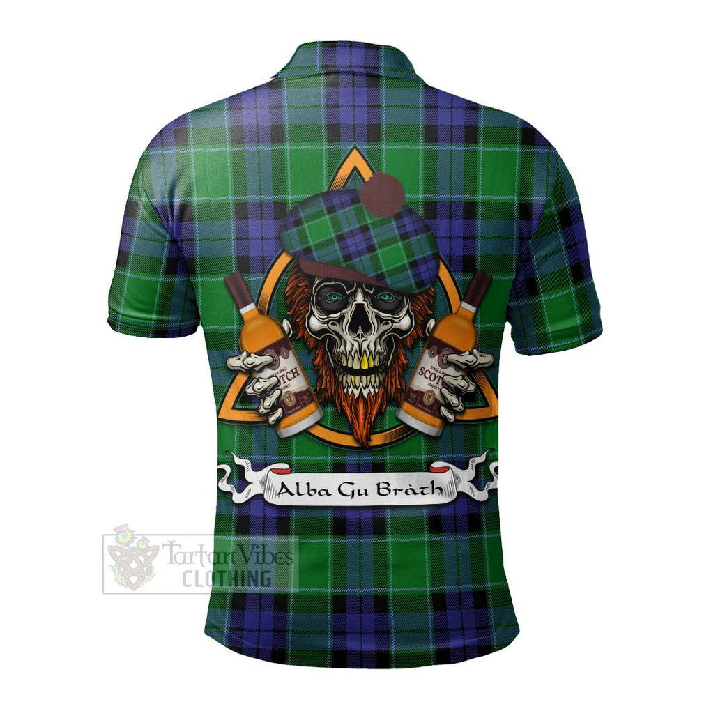 Tartan Vibes Clothing Haldane Tartan Polo Shirt with Family Crest and Bearded Skull Holding Bottles of Whiskey