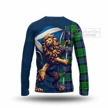 Haldane Tartan Family Crest Long Sleeve T-Shirt with Scottish Majestic Lion