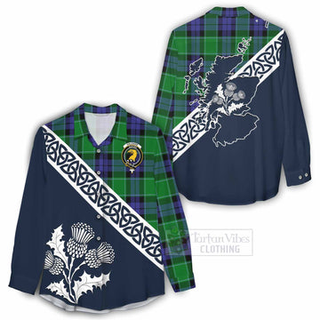 Haldane Tartan Women's Casual Shirt Featuring Thistle and Scotland Map