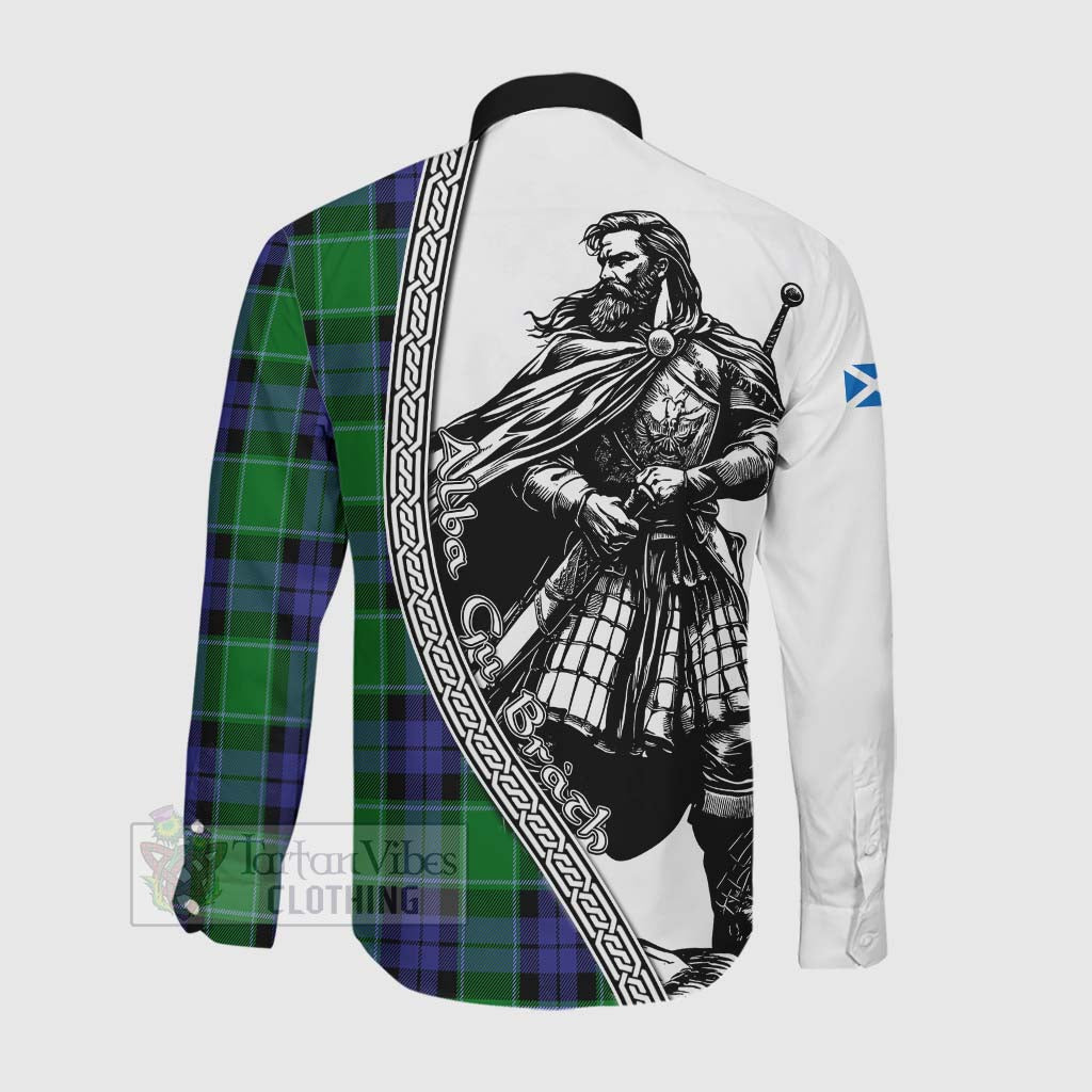 Tartan Vibes Clothing Haldane Tartan Clan Crest Long Sleeve Button Shirt with Highlander Warrior Celtic Style