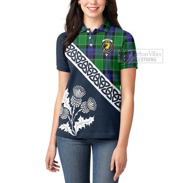 Haldane Tartan Women's Polo Shirt Featuring Thistle and Scotland Map