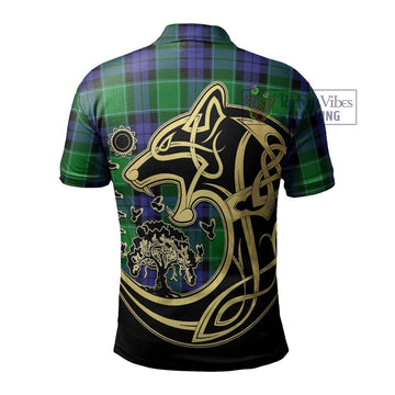 Haldane Tartan Polo Shirt with Family Crest Celtic Wolf Style