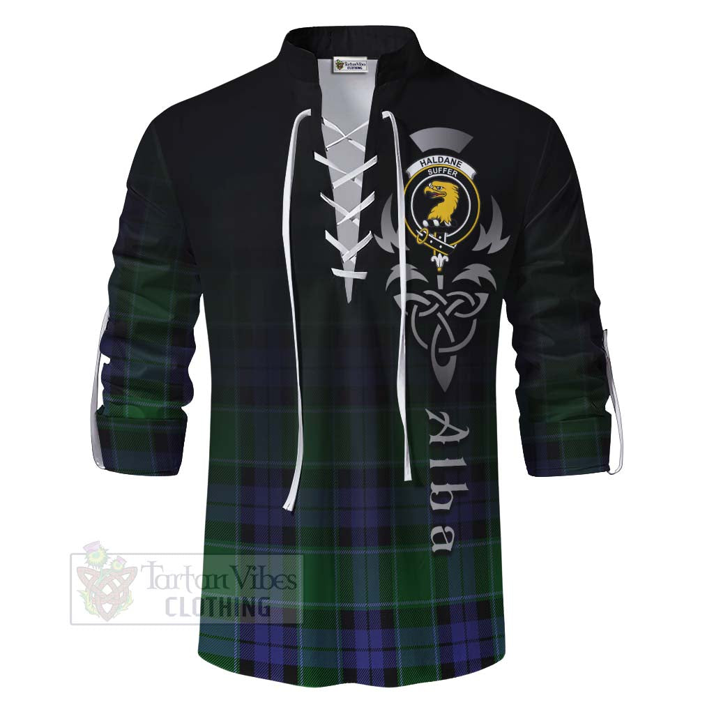 Tartan Vibes Clothing Haldane Tartan Ghillie Kilt Shirt Featuring Alba Gu Brath Family Crest Celtic Inspired