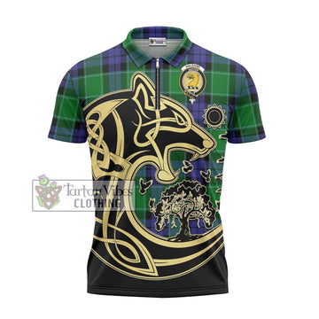 Haldane Tartan Zipper Polo Shirt with Family Crest Celtic Wolf Style