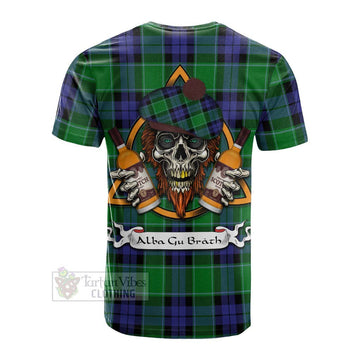 Haldane Tartan Cotton T-shirt with Family Crest and Bearded Skull Holding Bottles of Whiskey