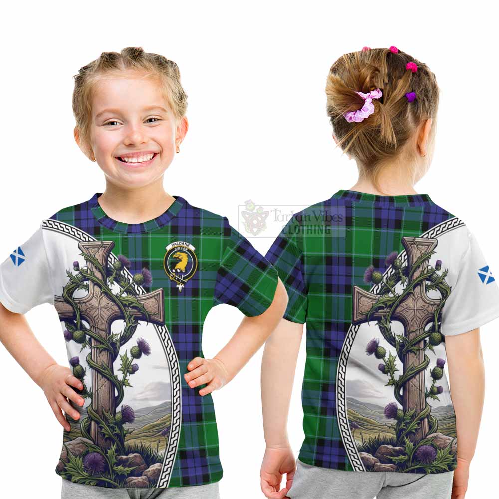 Tartan Vibes Clothing Haldane Tartan Kid T-Shirt with Family Crest and St. Andrew's Cross Accented by Thistle Vines