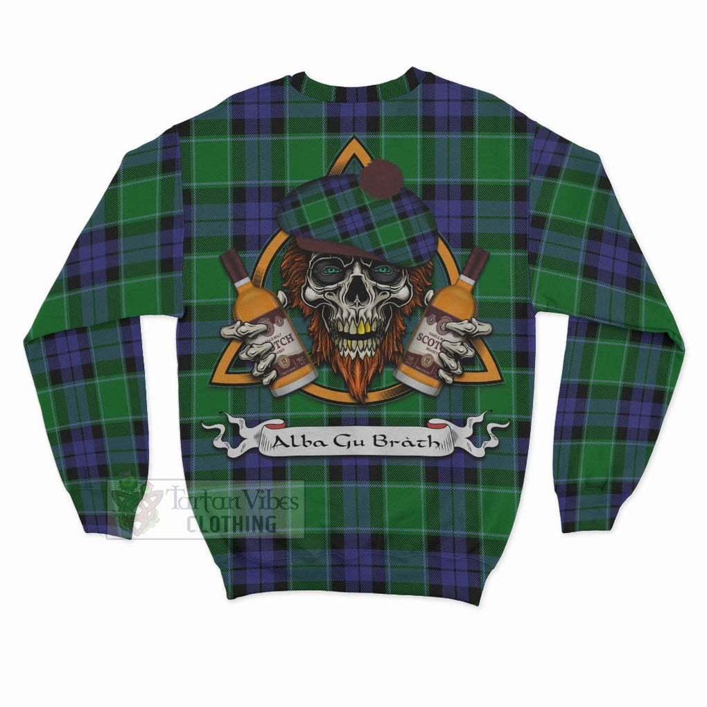 Tartan Vibes Clothing Haldane Tartan Sweatshirt with Family Crest and Bearded Skull Holding Bottles of Whiskey