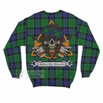 Haldane Tartan Sweatshirt with Family Crest and Bearded Skull Holding Bottles of Whiskey