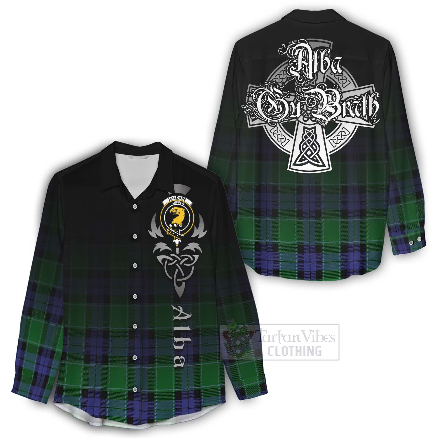 Tartan Vibes Clothing Haldane Tartan Women's Casual Shirt Featuring Alba Gu Brath Family Crest Celtic Inspired