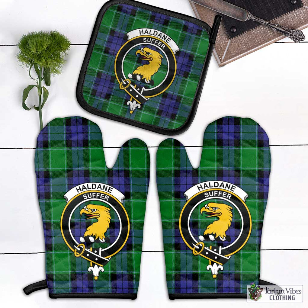 Haldane Tartan Combo Oven Mitt & Pot-Holder with Family Crest Combo 1 Oven Mitt & 1 Pot-Holder Black - Tartan Vibes Clothing