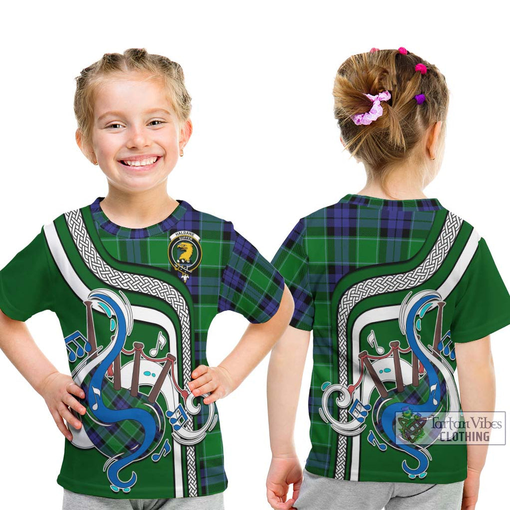 Tartan Vibes Clothing Haldane Tartan Kid T-Shirt with Epic Bagpipe Style