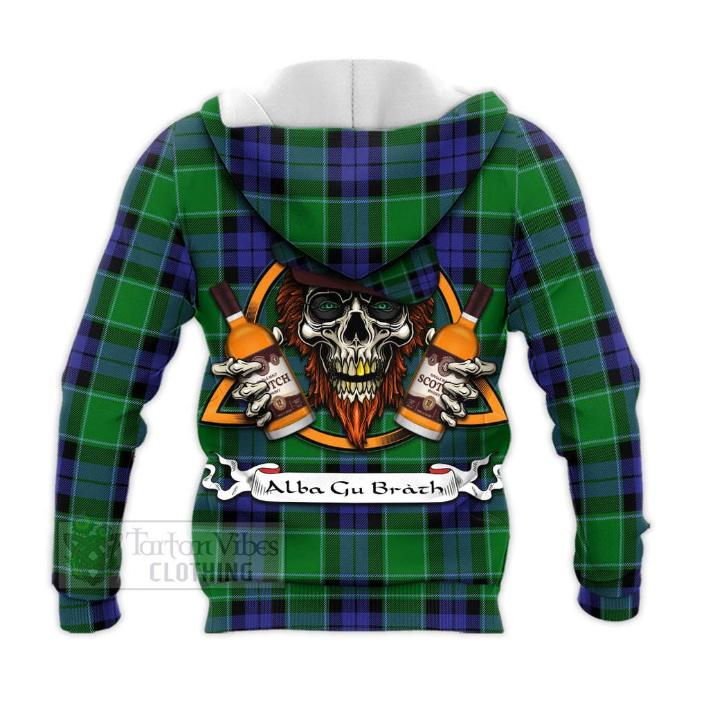 Tartan Vibes Clothing Haldane Tartan Knitted Hoodie with Family Crest and Bearded Skull Holding Bottles of Whiskey