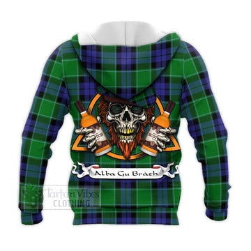 Haldane Tartan Knitted Hoodie with Family Crest and Bearded Skull Holding Bottles of Whiskey