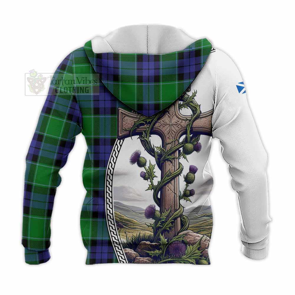 Tartan Vibes Clothing Haldane Tartan Knitted Hoodie with Family Crest and St. Andrew's Cross Accented by Thistle Vines