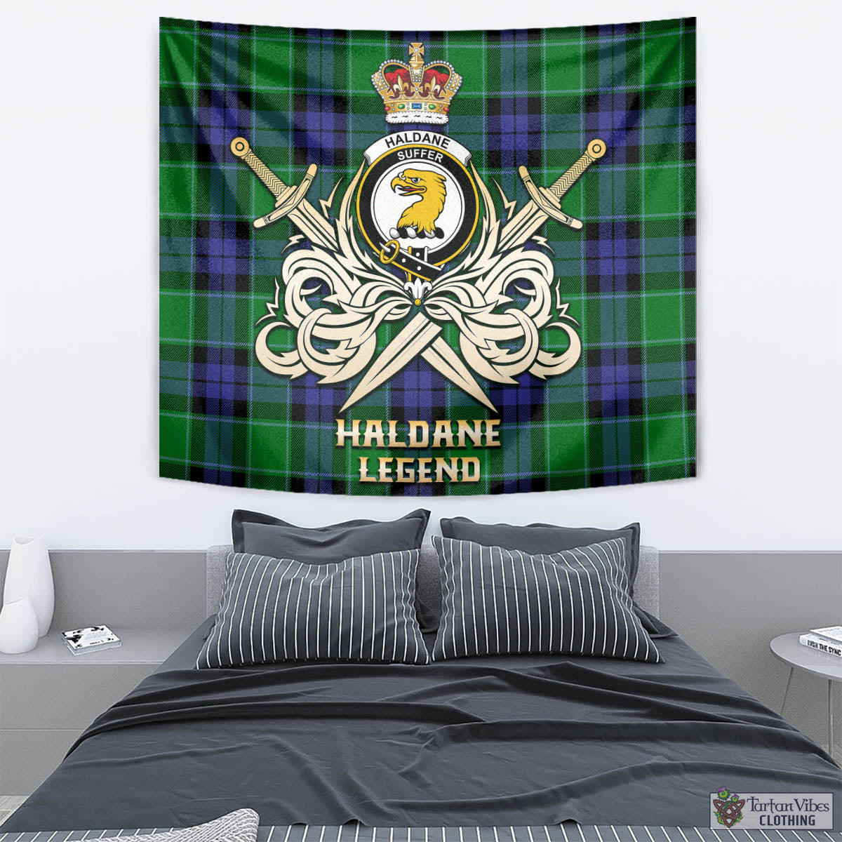 Tartan Vibes Clothing Haldane Tartan Tapestry with Clan Crest and the Golden Sword of Courageous Legacy