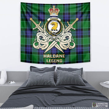 Haldane Tartan Tapestry with Clan Crest and the Golden Sword of Courageous Legacy