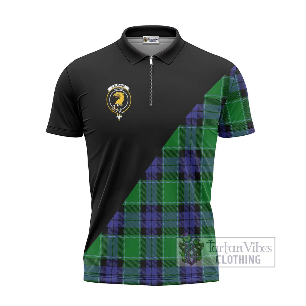 Haldane Tartan Zipper Polo Shirt with Family Crest and Military Logo Style - Tartanvibesclothing Shop