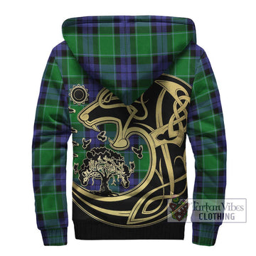 Haldane Tartan Sherpa Hoodie with Family Crest Celtic Wolf Style