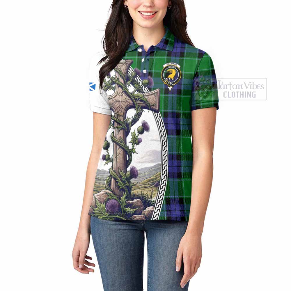 Tartan Vibes Clothing Haldane Tartan Women's Polo Shirt with Family Crest and St. Andrew's Cross Accented by Thistle Vines