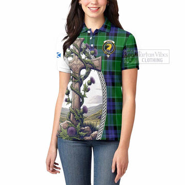 Haldane Tartan Women's Polo Shirt with Family Crest and St. Andrew's Cross Accented by Thistle Vines