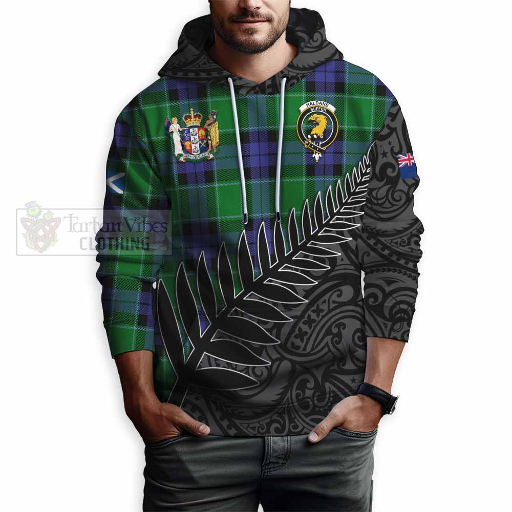 Tartan Vibes Clothing Haldane Crest Tartan Hoodie with New Zealand Silver Fern Half Style