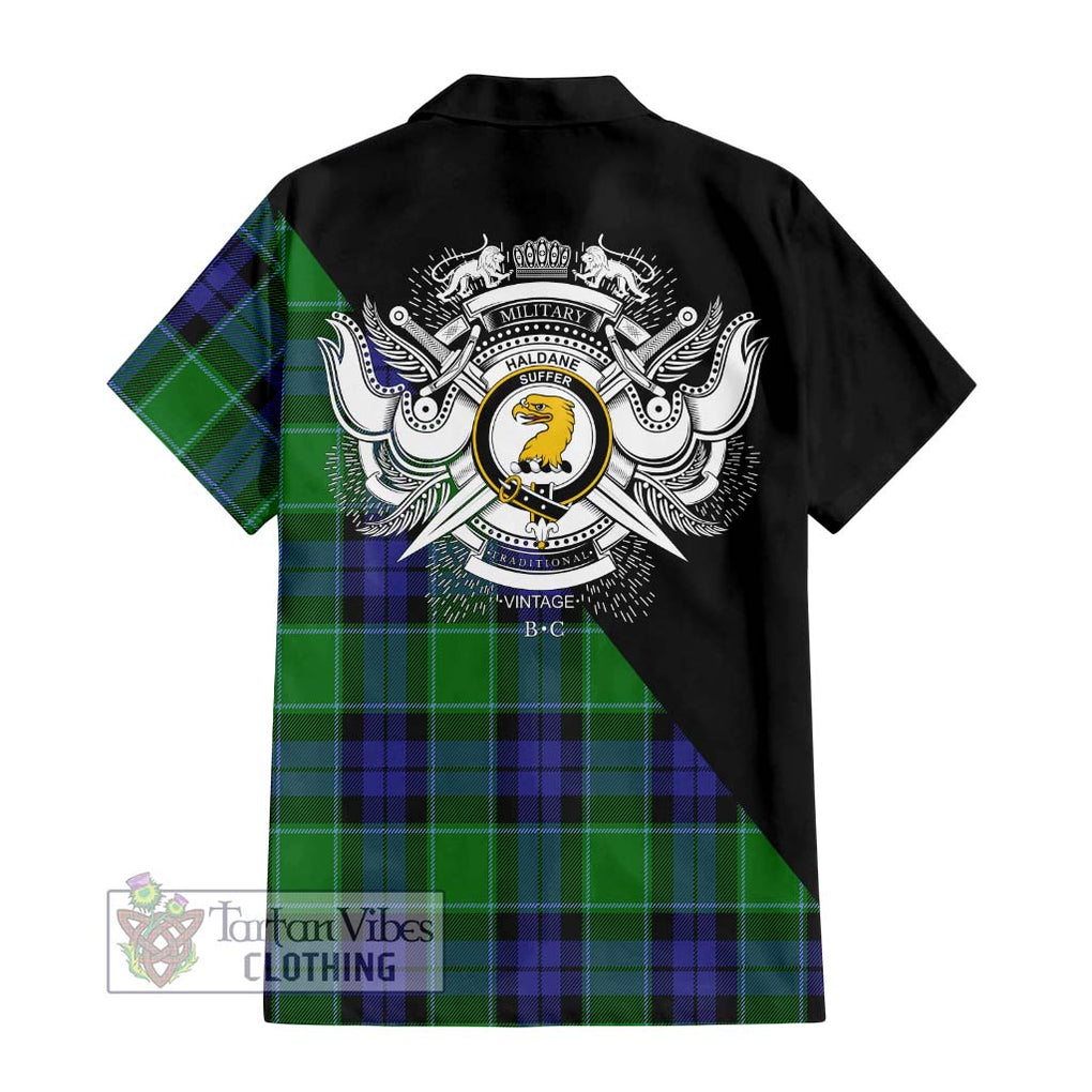 Haldane Tartan Short Sleeve Button Shirt with Family Crest and Military Logo Style - Tartanvibesclothing Shop