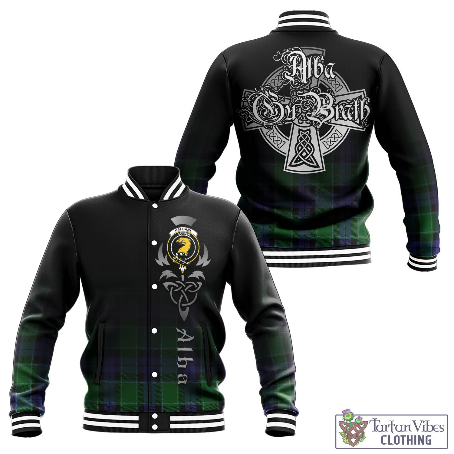 Tartan Vibes Clothing Haldane Tartan Baseball Jacket Featuring Alba Gu Brath Family Crest Celtic Inspired