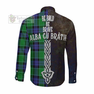 Haldane Tartan Family Crest Long Sleeve Button Shirt Alba Gu Brath Be Brave Lion Ancient Style Men's Shirt - Tartan Vibes Clothing