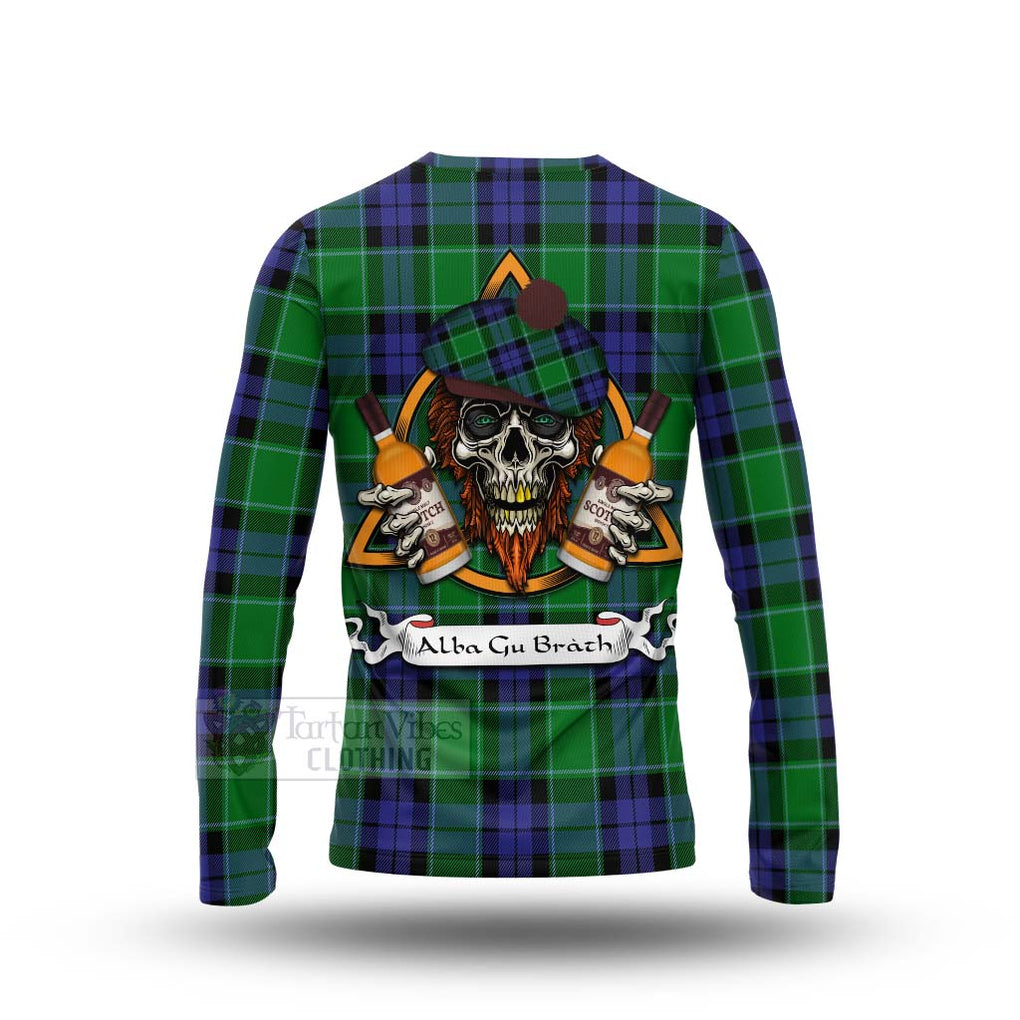 Tartan Vibes Clothing Haldane Tartan Long Sleeve T-Shirt with Family Crest and Bearded Skull Holding Bottles of Whiskey