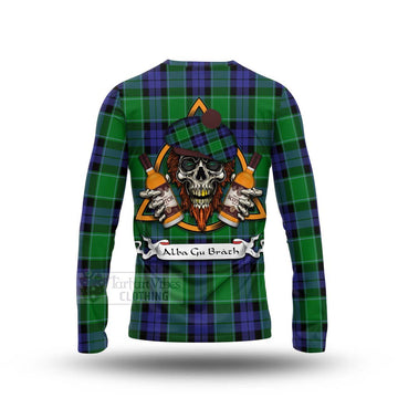 Haldane Tartan Long Sleeve T-Shirt with Family Crest and Bearded Skull Holding Bottles of Whiskey