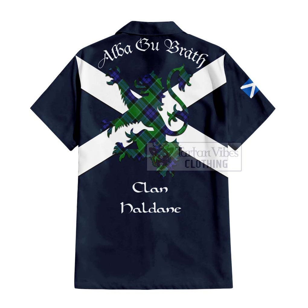 Tartan Vibes Clothing Haldane Tartan Lion Rampant Short Sleeve Button Shirt – Proudly Display Your Heritage with Alba Gu Brath and Clan Name