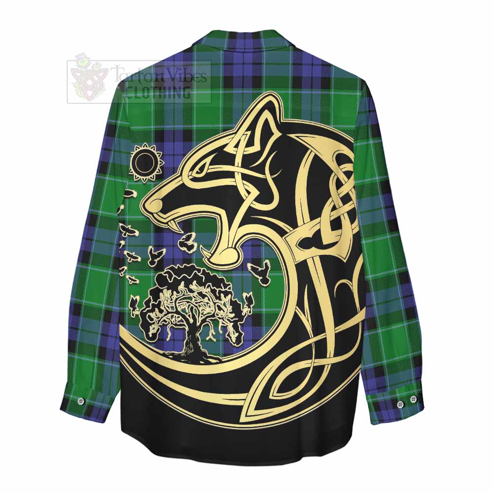 Tartan Vibes Clothing Haldane Tartan Women's Casual Shirt with Family Crest Celtic Wolf Style