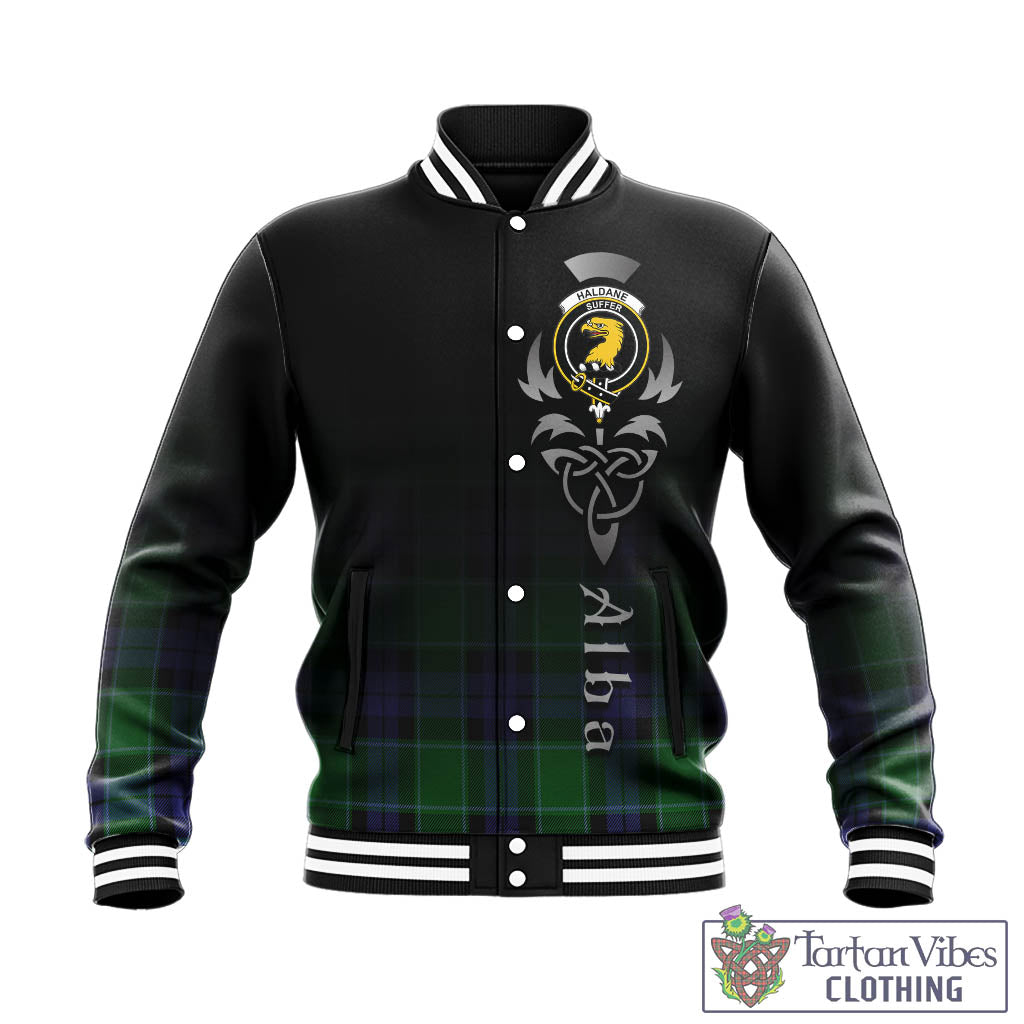 Tartan Vibes Clothing Haldane Tartan Baseball Jacket Featuring Alba Gu Brath Family Crest Celtic Inspired