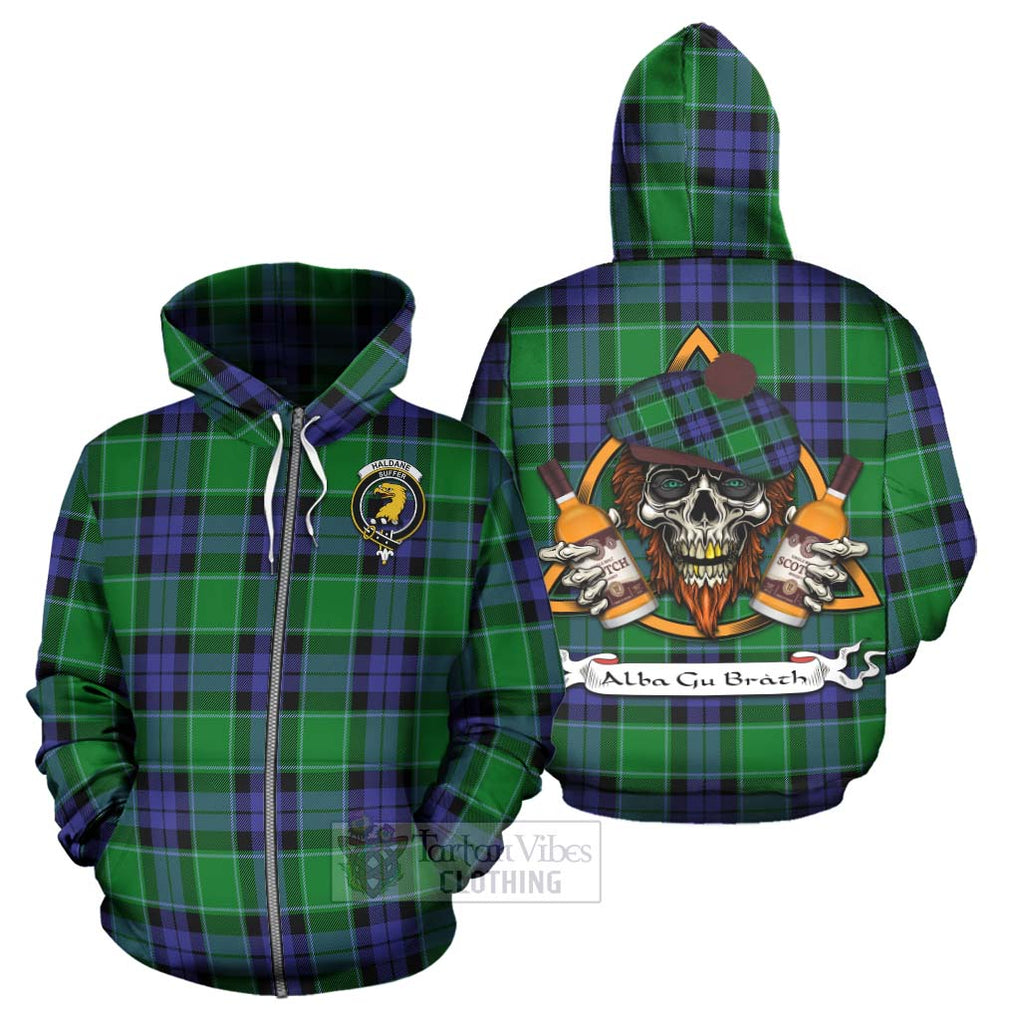 Tartan Vibes Clothing Haldane Tartan Hoodie with Family Crest and Bearded Skull Holding Bottles of Whiskey