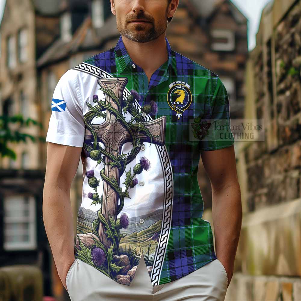 Tartan Vibes Clothing Haldane Tartan Short Sleeve Button Shirt with Family Crest and St. Andrew's Cross Accented by Thistle Vines