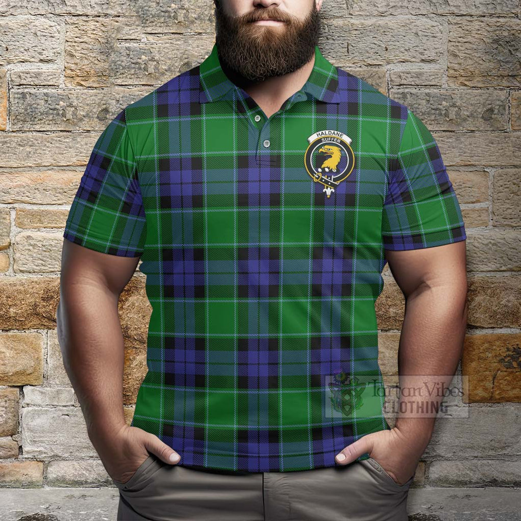 Tartan Vibes Clothing Haldane Tartan Polo Shirt with Family Crest and Bearded Skull Holding Bottles of Whiskey