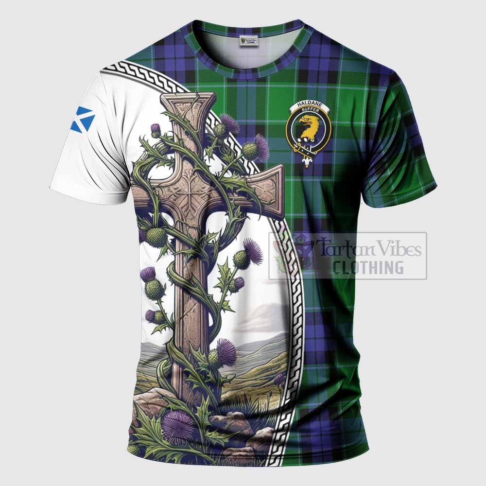 Tartan Vibes Clothing Haldane Agnew Tartan T-Shirt with Family Crest and St. Andrew's Cross Accented by Thistle Vines