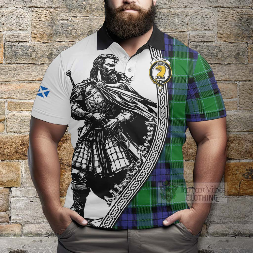 Tartan Vibes Clothing Haldane Tartan Clan Crest Polo Shirt with Highlander Warrior Celtic Style