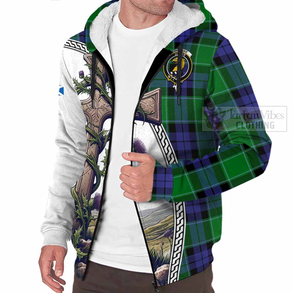 Tartan Vibes Clothing Haldane Tartan Sherpa Hoodie with Family Crest and St. Andrew's Cross Accented by Thistle Vines