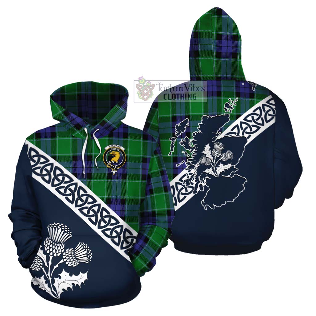 Tartan Vibes Clothing Haldane Tartan Cotton Hoodie Featuring Thistle and Scotland Map