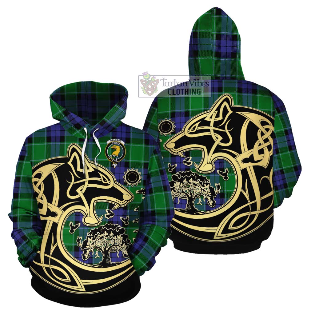 Tartan Vibes Clothing Haldane Tartan Cotton Hoodie with Family Crest Celtic Wolf Style