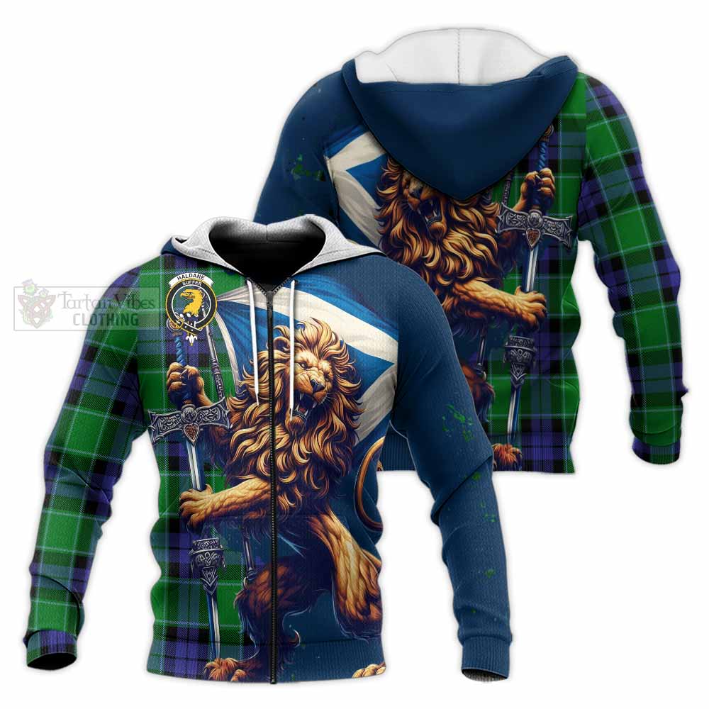 Tartan Vibes Clothing Haldane Tartan Family Crest Knitted Hoodie with Scottish Majestic Lion