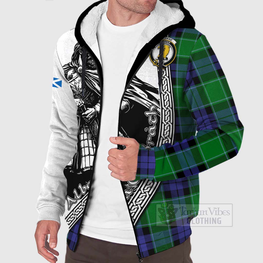 Tartan Vibes Clothing Haldane Tartan Clan Crest Sherpa Hoodie with Highlander Warrior Celtic Style