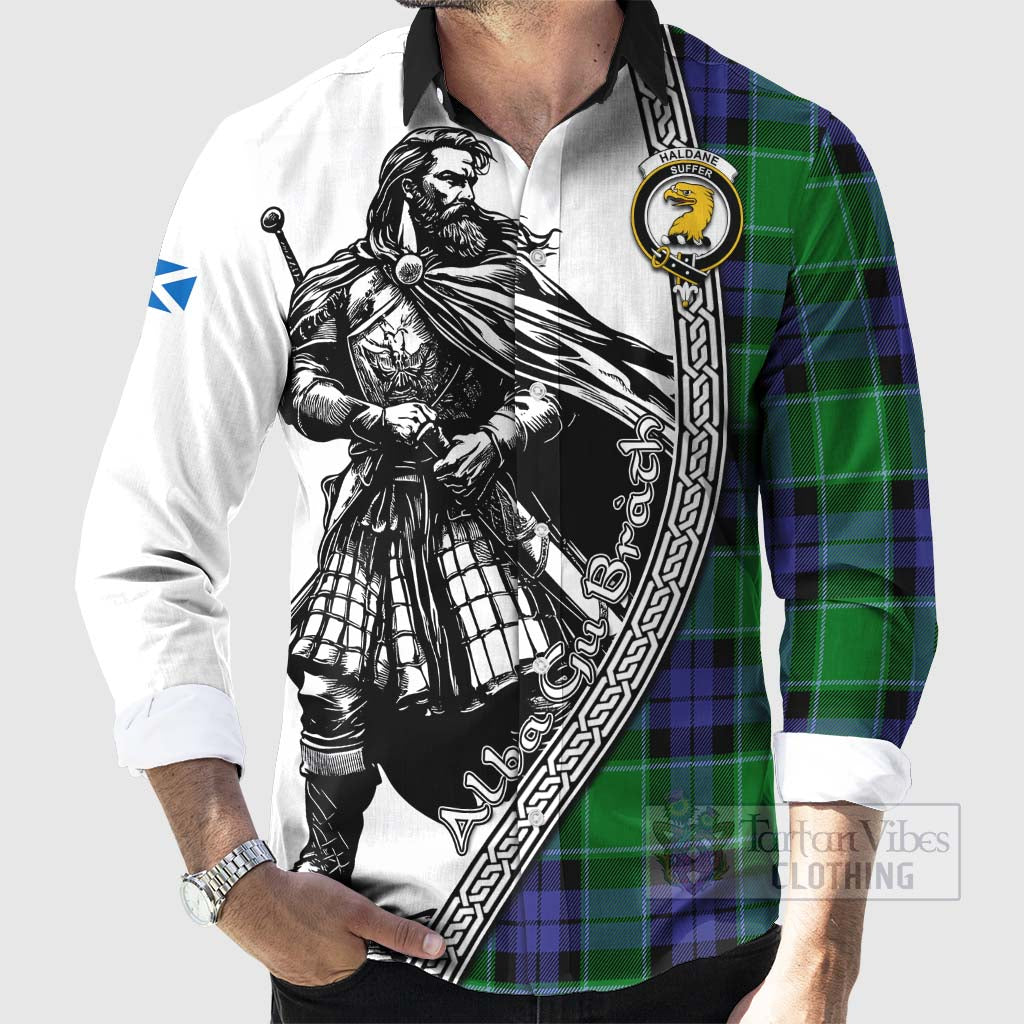 Tartan Vibes Clothing Haldane Tartan Clan Crest Long Sleeve Button Shirt with Highlander Warrior Celtic Style