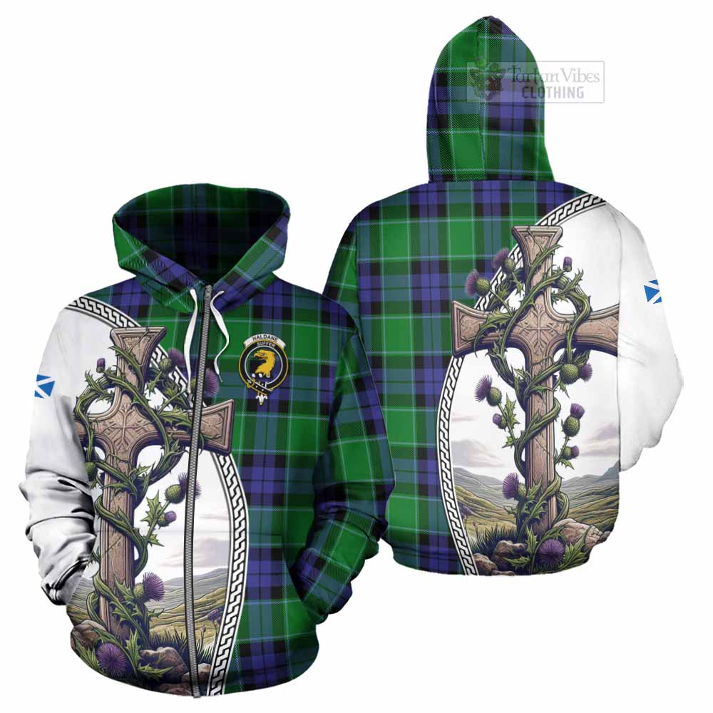 Tartan Vibes Clothing Haldane Tartan Hoodie with Family Crest and St. Andrew's Cross Accented by Thistle Vines