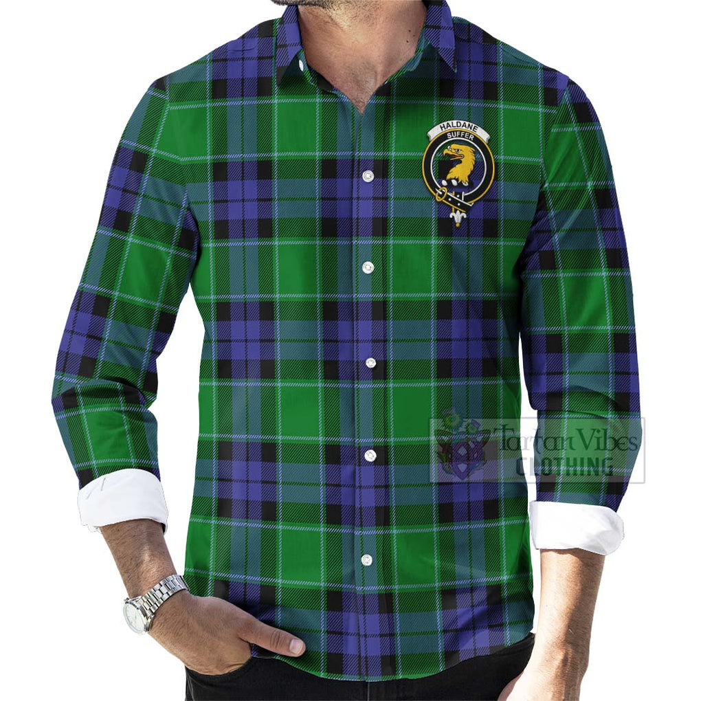 Tartan Vibes Clothing Haldane Tartan Long Sleeve Button Shirt with Family Crest Celtic Skull Style