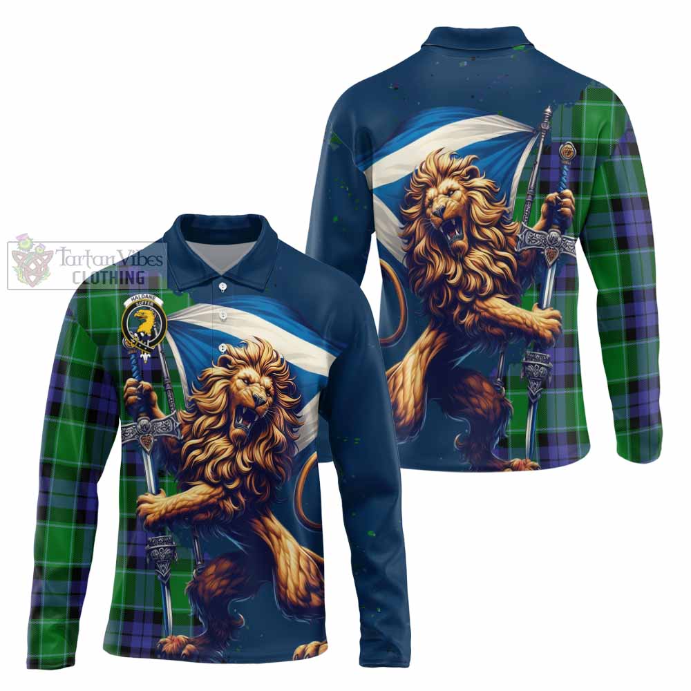 Tartan Vibes Clothing Haldane Tartan Family Crest Long Sleeve Polo Shirt with Scottish Majestic Lion